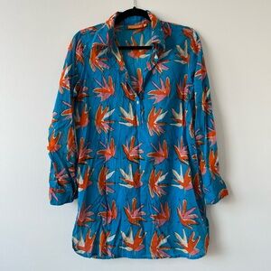 Oliphant Teal Blue Printed Collared Swim Cover Up Tunic Top